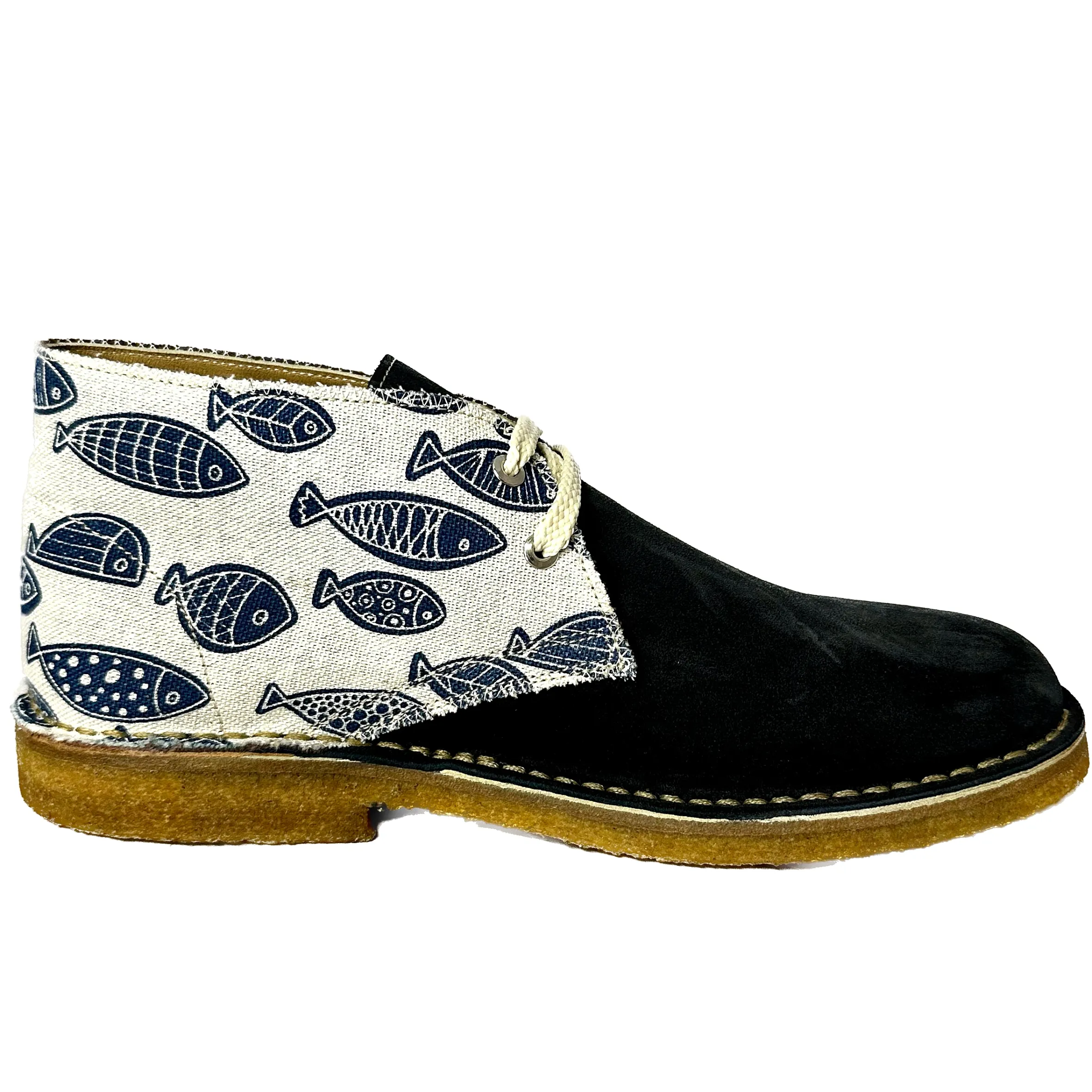 Scarpe di Maremma Polacchina Artigianale Camoscio Blu / Pesci Mix* Tela Colorata