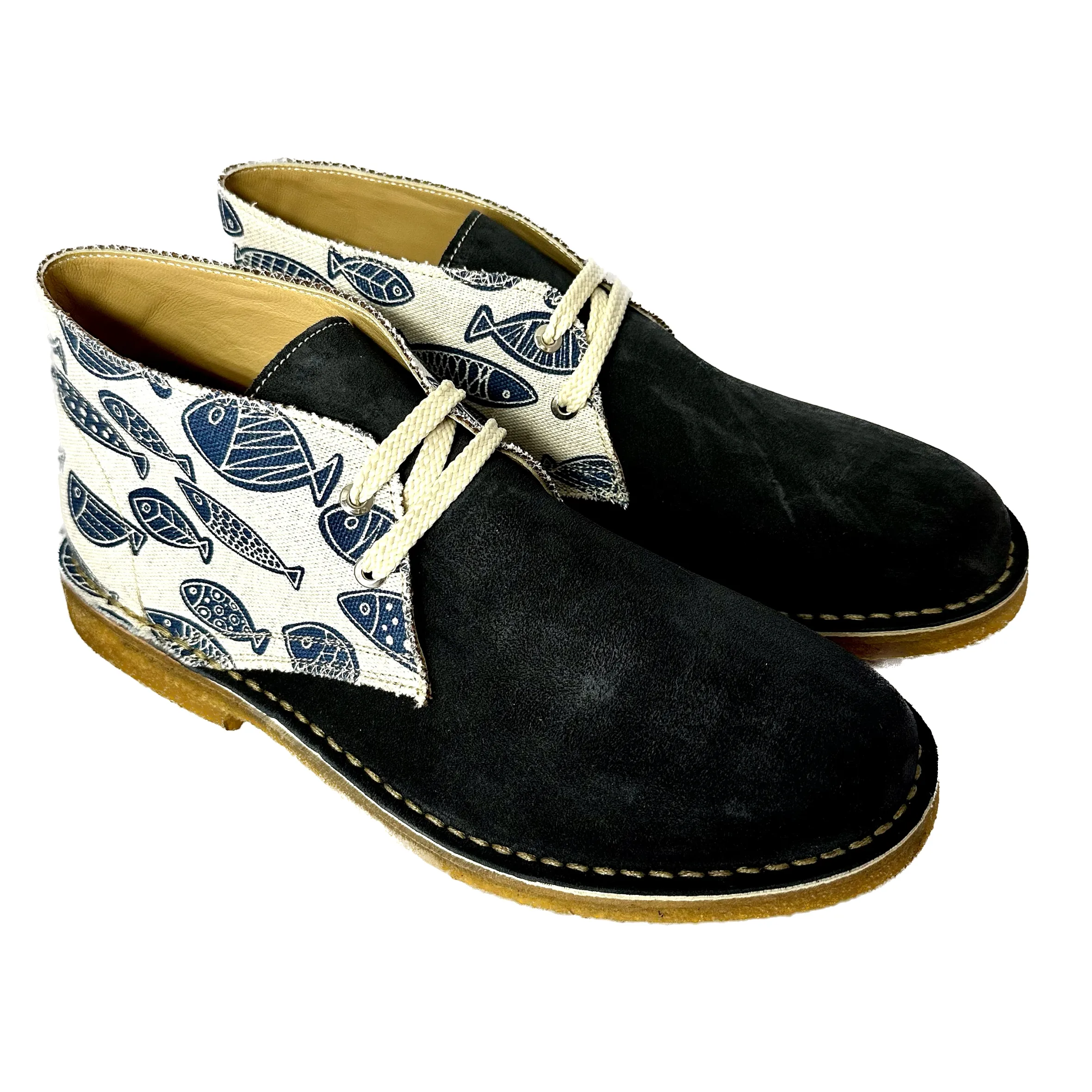 Scarpe di Maremma Polacchina Artigianale Camoscio Blu / Pesci Mix* Tela Colorata