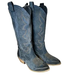 Scarpe di Maremma Texano Artigianale In Camoscio Laserato Blu Alto*Donna Stivali