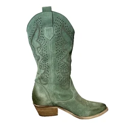 Scarpe di Maremma Texano Artigianale In Camoscio Laserato Salvia Medio*Donna Stivali
