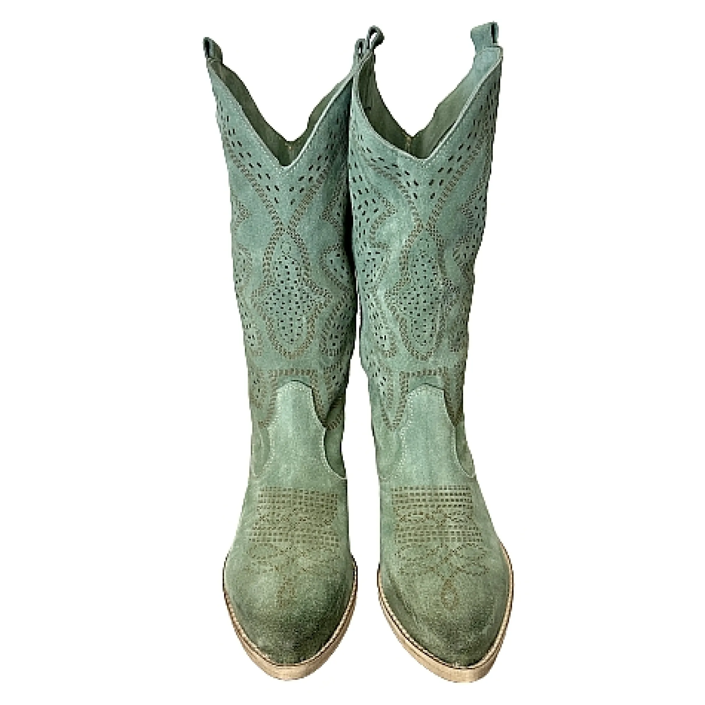 Scarpe di Maremma Texano Artigianale In Camoscio Laserato Salvia Medio*Donna Stivali