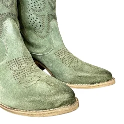 Scarpe di Maremma Texano Artigianale In Camoscio Laserato Salvia Medio*Donna Stivali