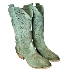 Scarpe di Maremma Texano Artigianale In Camoscio Laserato Salvia Medio*Donna Stivali