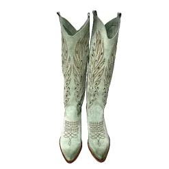 Scarpe di Maremma Texano Artigianale In Camoscio Laserato Salvia Alto*Donna Stivali
