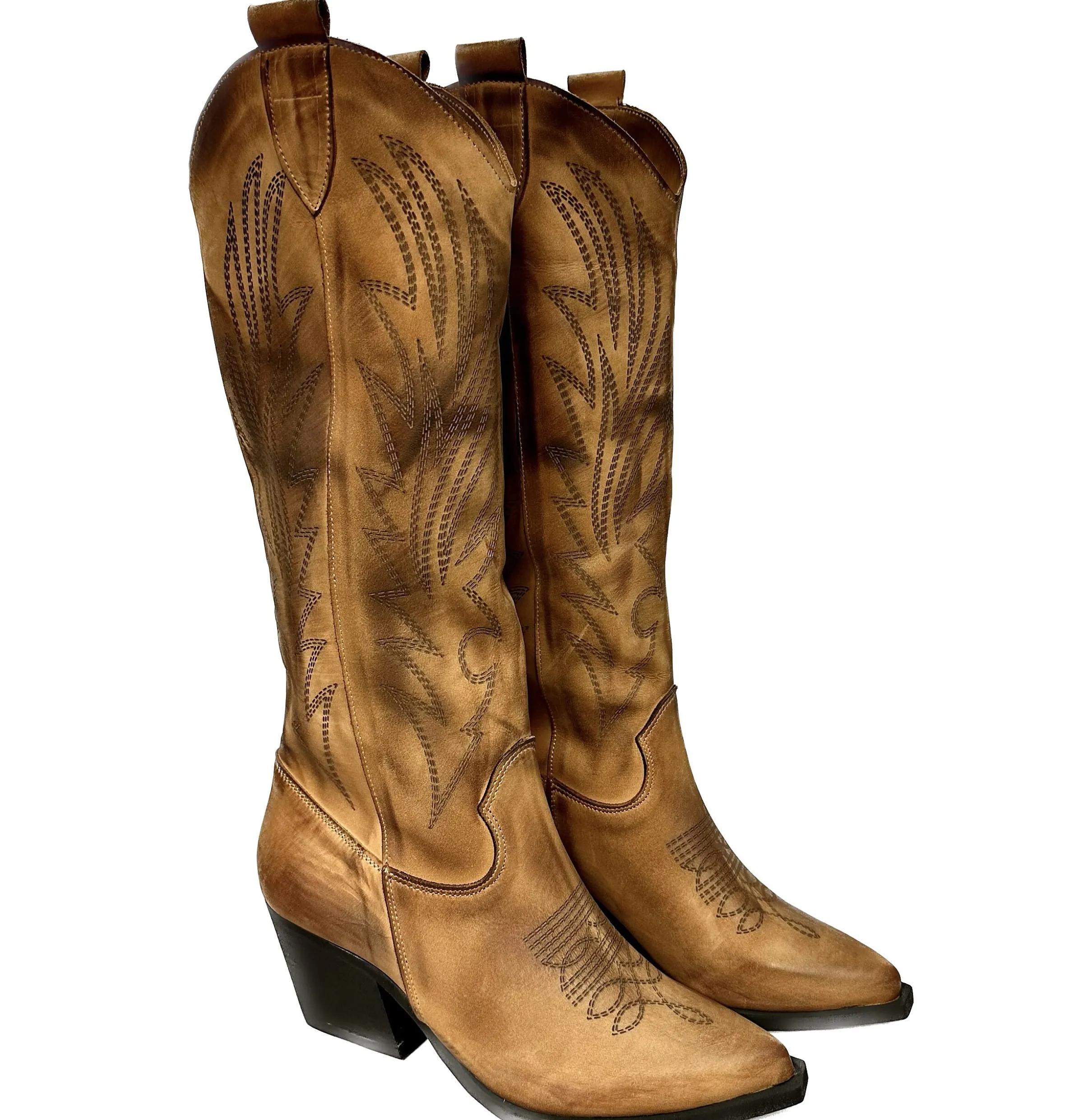 Scarpe di Maremma Texano Artigianale In Pelle Laserato Cuoio Alto*Donna Stivali