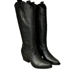 Scarpe di Maremma Texano Artigianale In Pelle Ricamato Nero Alto*Donna Stivali
