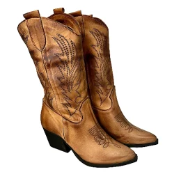 Scarpe di Maremma Texano Artigianale In Pelle Laserato Cuoio Medio*Donna Stivali