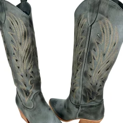 Scarpe di Maremma Texano In Pelle Nabuk Laserato Jeans Grigio Spazzolato*Donna Stivali